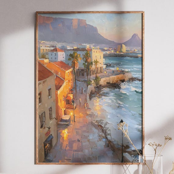Cape Town Art Print Coastal Oil Painting Table Mountain Seascape European Street Scene Impressionist Wall