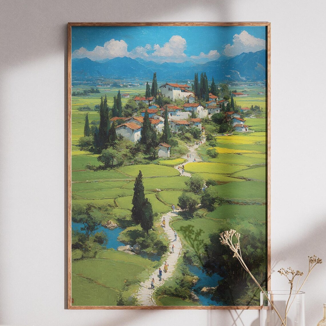 Chinese Countryside Rice Fields Village Landscape Oil Painting Poster