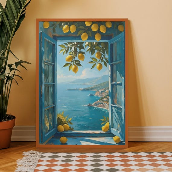 Mediterranean Window Print Italian Lemon Tree Poster Coastal Landscape Seaside View Wall Decor Blue Kitchen Art