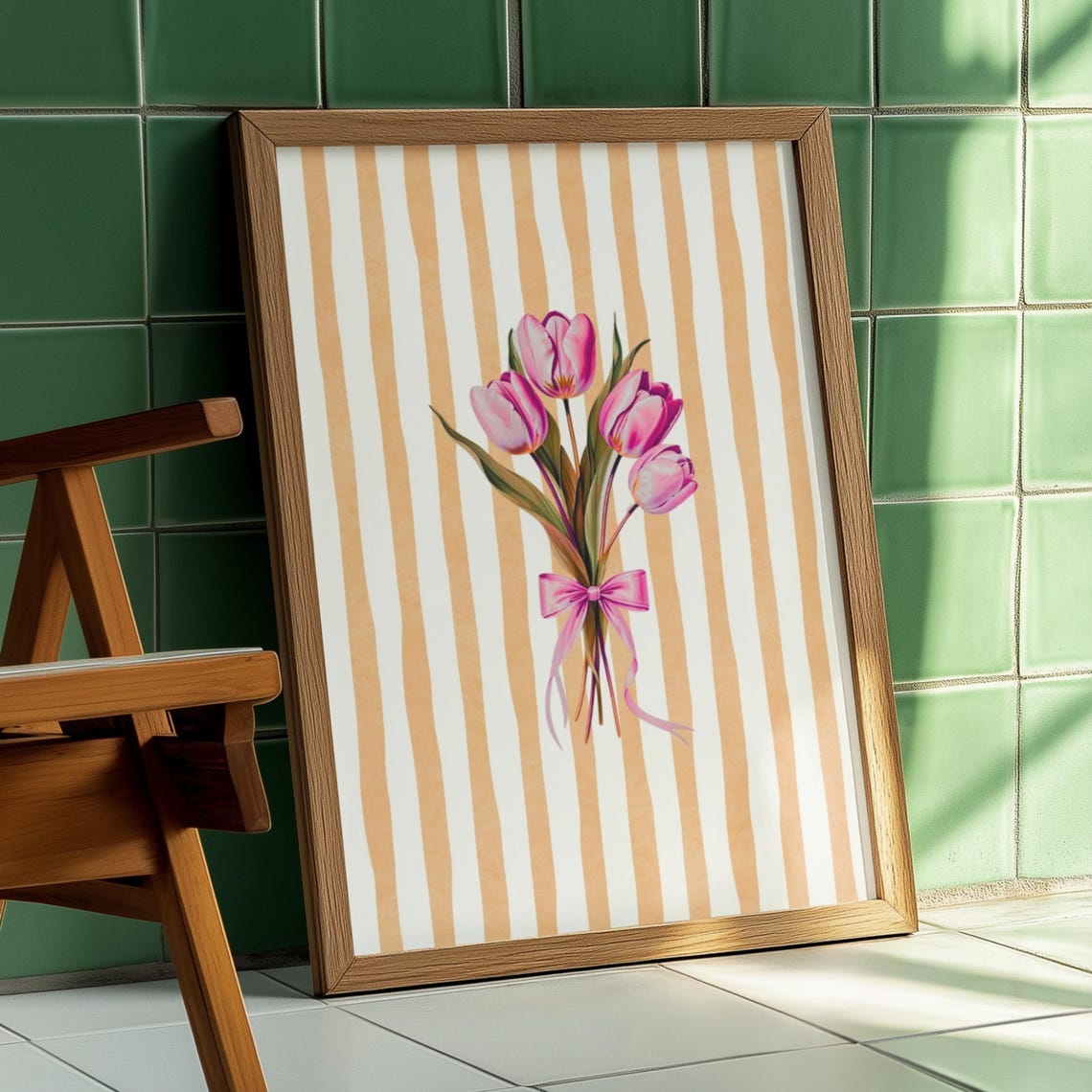 Pink Tulips with Bow on Striped Background Coquette Girl Poster