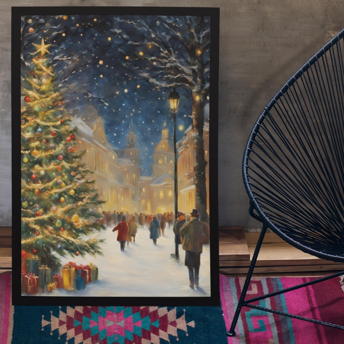 Snowy Christmas Village Street Night Vintage Holiday Painting Poster