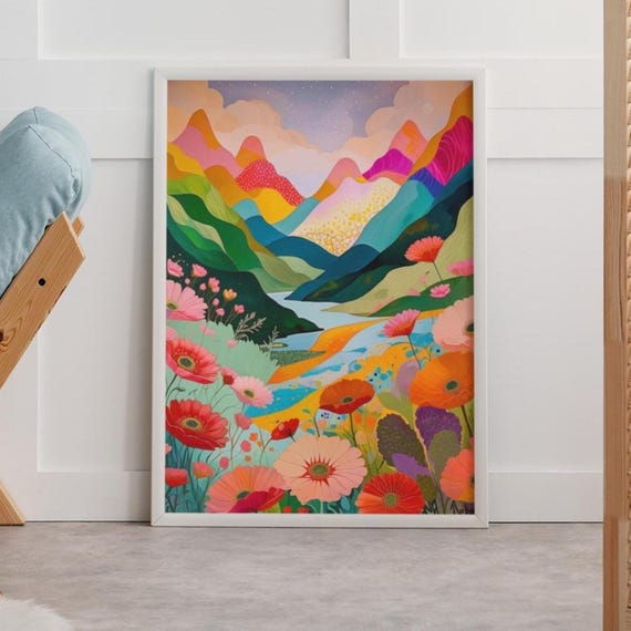 Abstract Mountain Artwork Colorful Wall Art Botanical Scenery Print Modern Living Room Decor Vibrant Nature Illustration