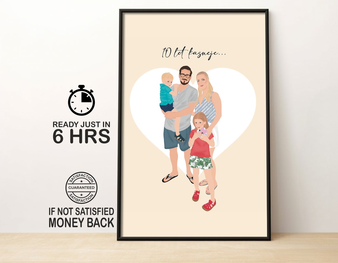 Personalized Family of Four Heart Anniversary Illustration Poster