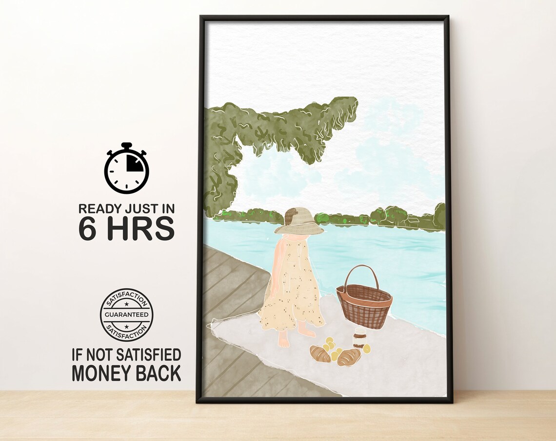 Girl In Sun Hat Picnicking By The Lake Watercolor Summer Poster