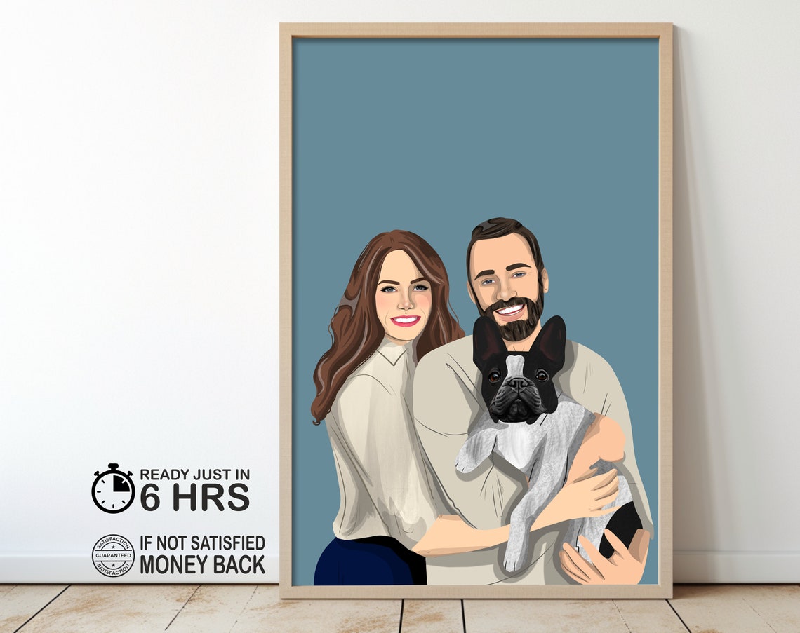 Couple With French Bulldog Flat Vector Portrait Blue Background Poster