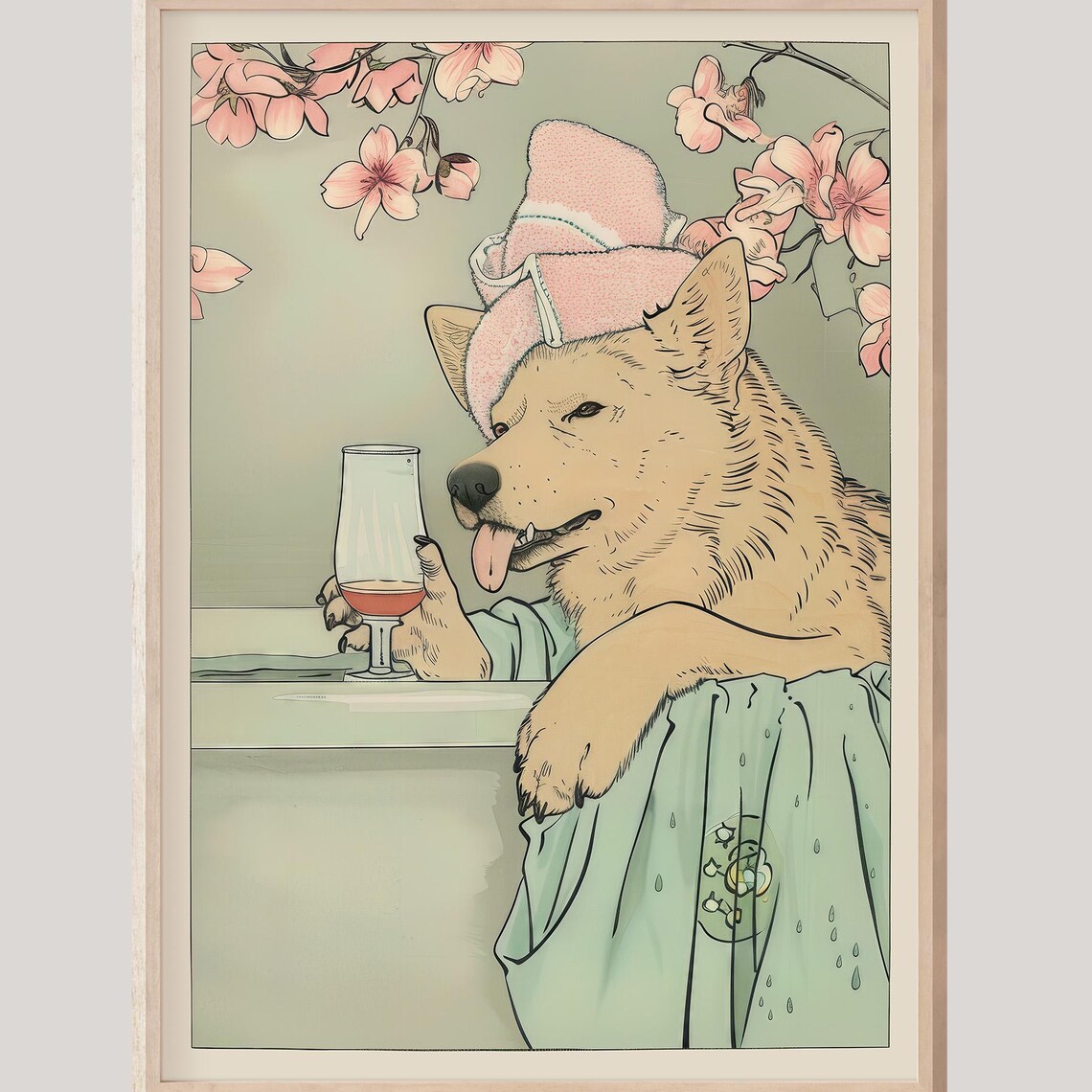 Funny Shiba Inu Dog Spa Day With Wine Bath Japanese Art Poster
