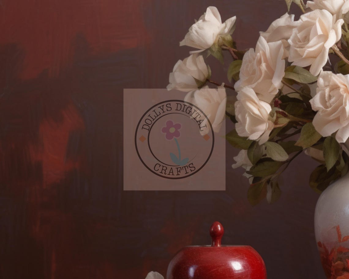 White Red Roses Painted Vase Still Life Dark Romantic Poster - Image 5