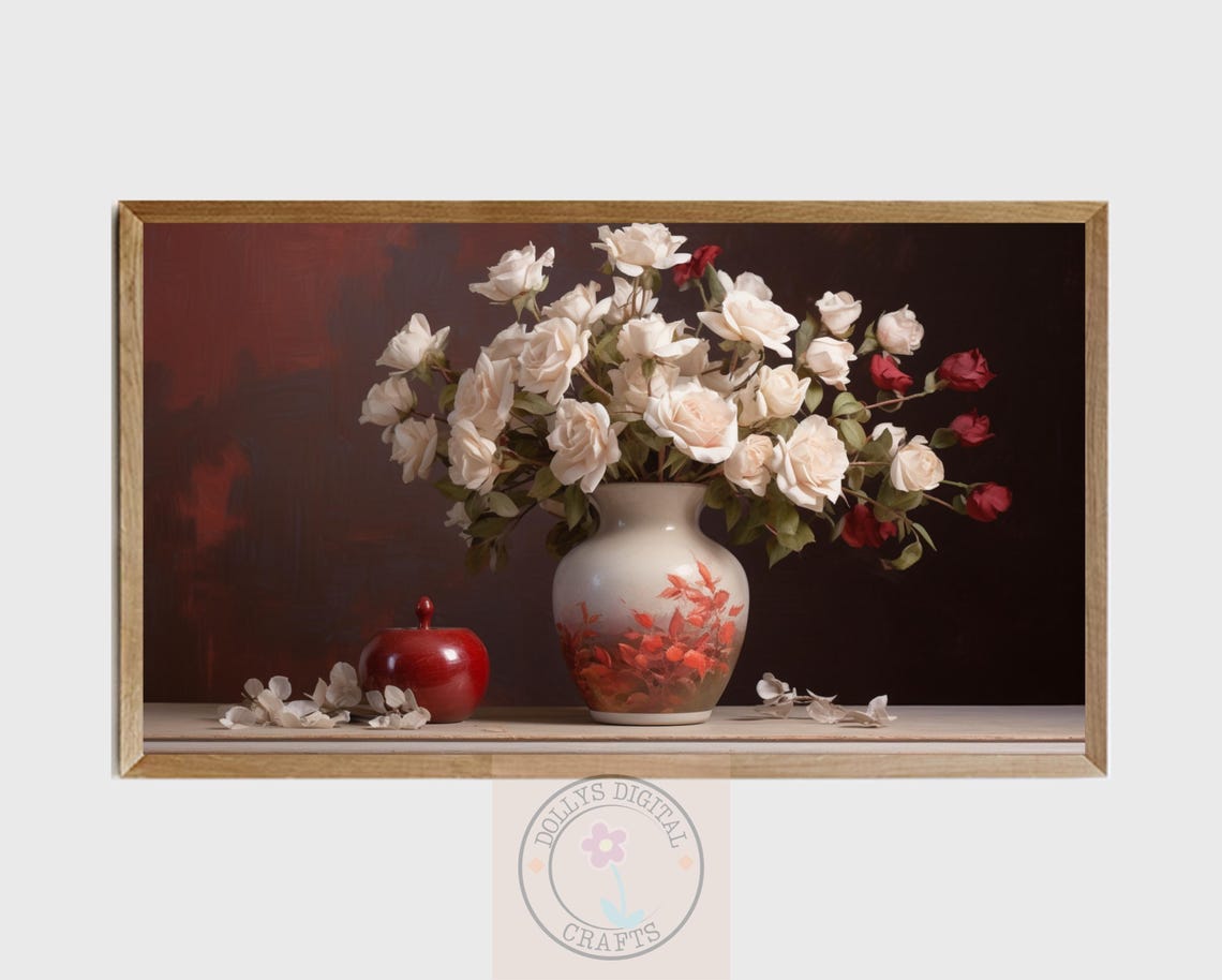 White Red Roses Painted Vase Still Life Dark Romantic Poster