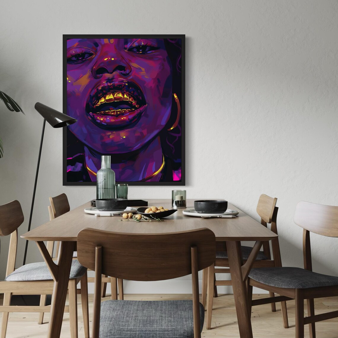 Neon Purple Portrait With Gold Grillz and Hoop Earring Art Poster - Image 7