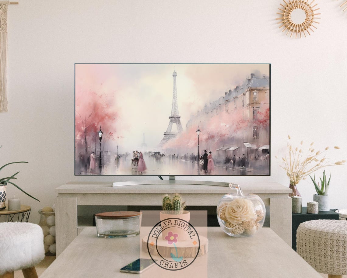Romantic Paris Street Eiffel Tower Pink Blossom Watercolor Poster - Image 3