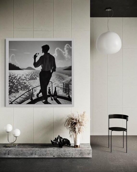 Black and White Yacht Bow Champagne Man Luxury Nautical Poster