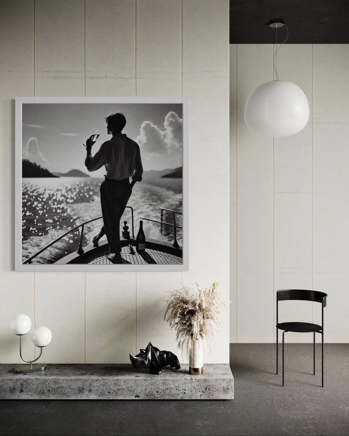 Black and White Yacht Bow Champagne Man Luxury Nautical Poster