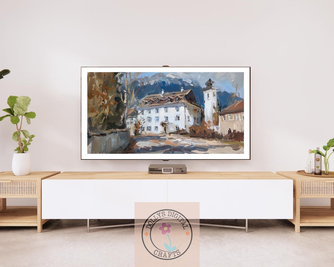 White Alpine Town Building Snowy Mountain Street Painting Poster - Image 2