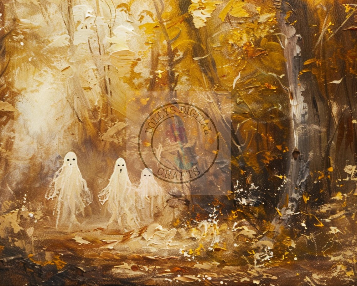 Spooky Cute Ghosts Autumn Forest Oil Painting Halloween Woods Art Print - Image 3