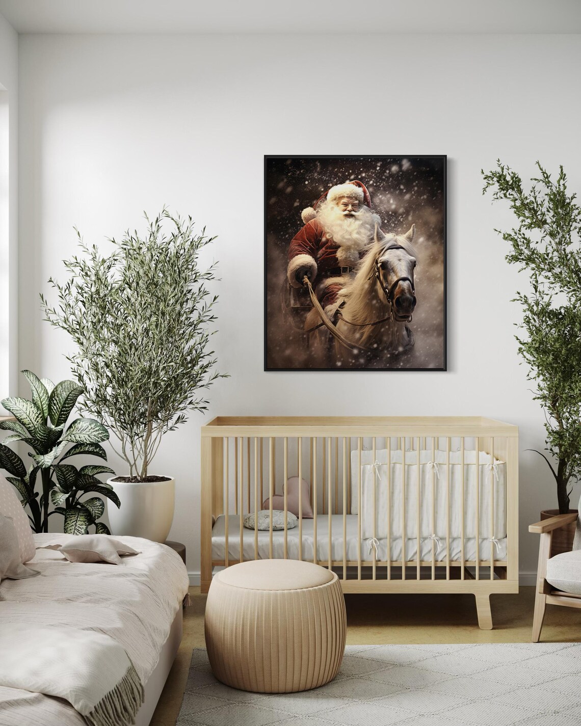 Vintage Santa Claus Riding White Horse Snowy Christmas Scene Poster - Image 4