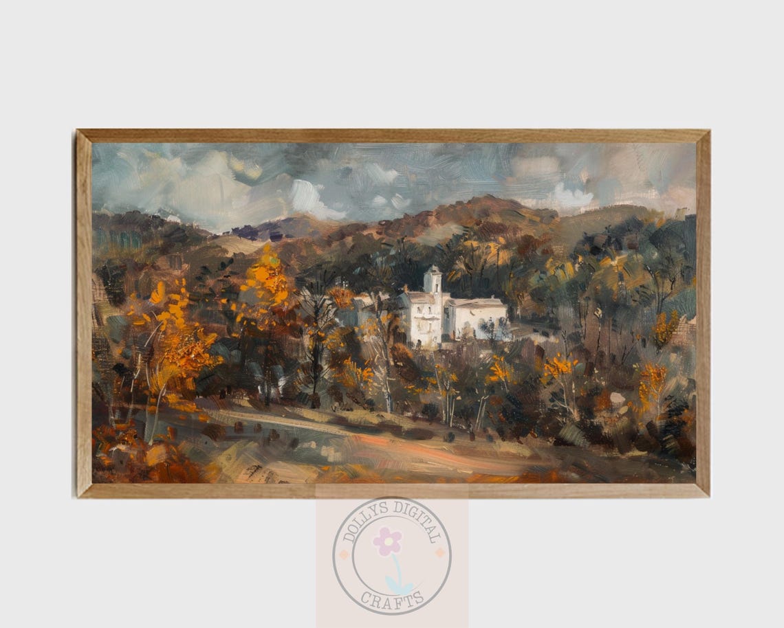 Impressionist Autumn Countryside Landscape White Mansion Poster