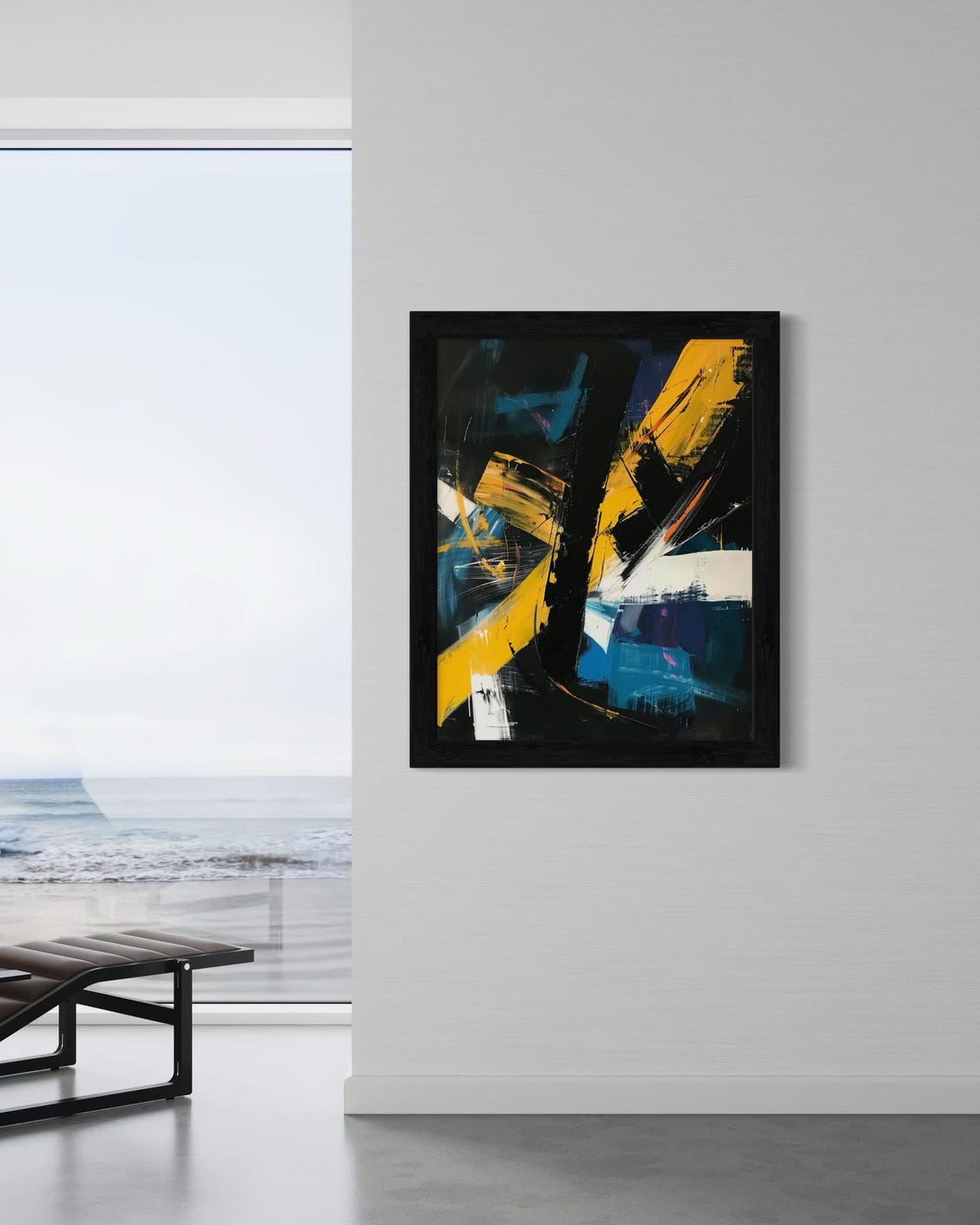 Dark Abstract Painting Yellow Blue White Bold Modern Wall Art - Image 3