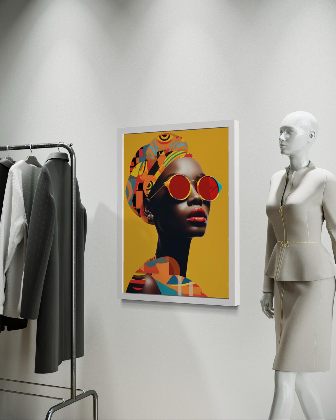 African Woman Red Sunglasses Headwrap Mustard Pop Art Portrait Poster - Image 2