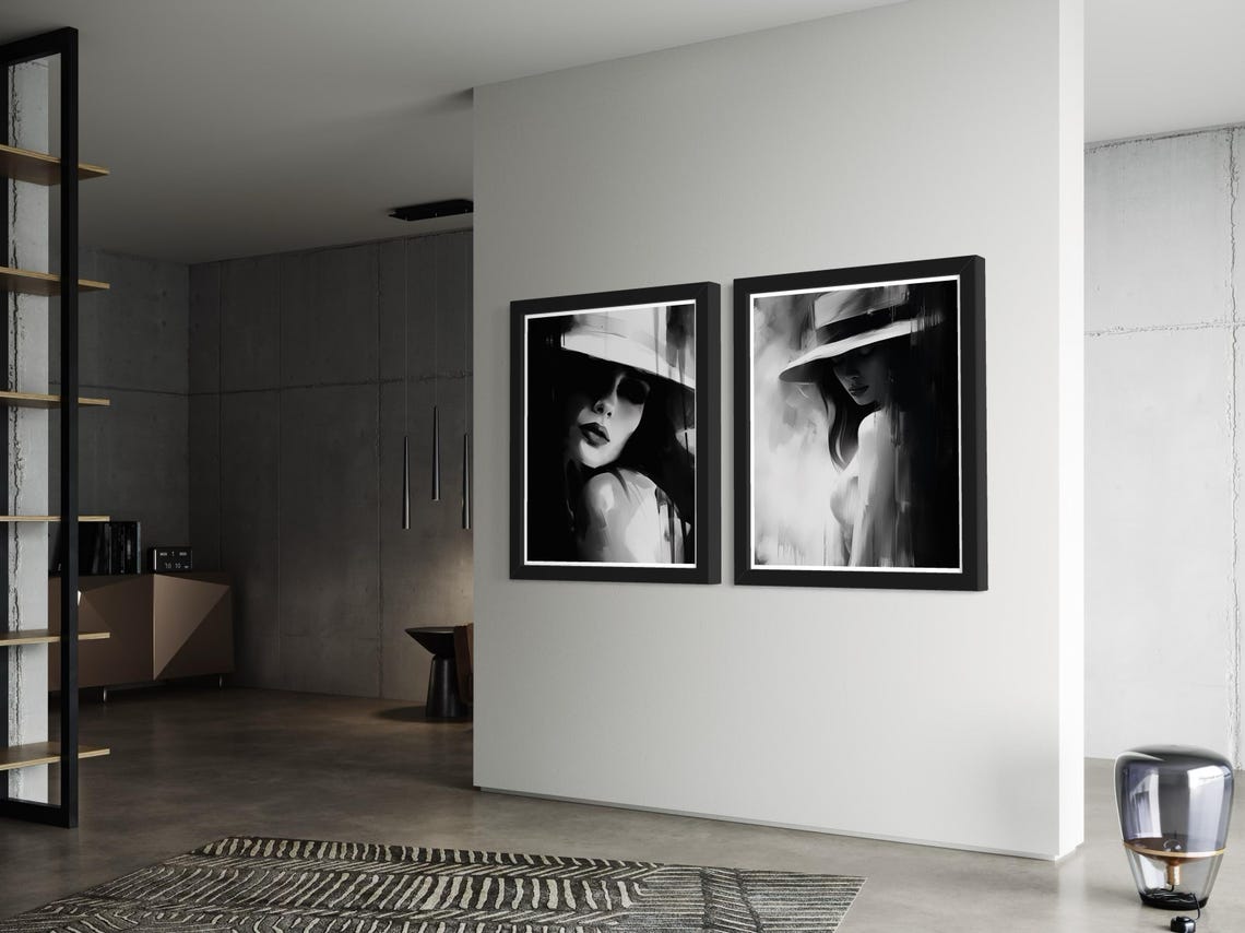 Two Piece Black And White Moody Woman Hat Portrait Wall Art Set - Image 3