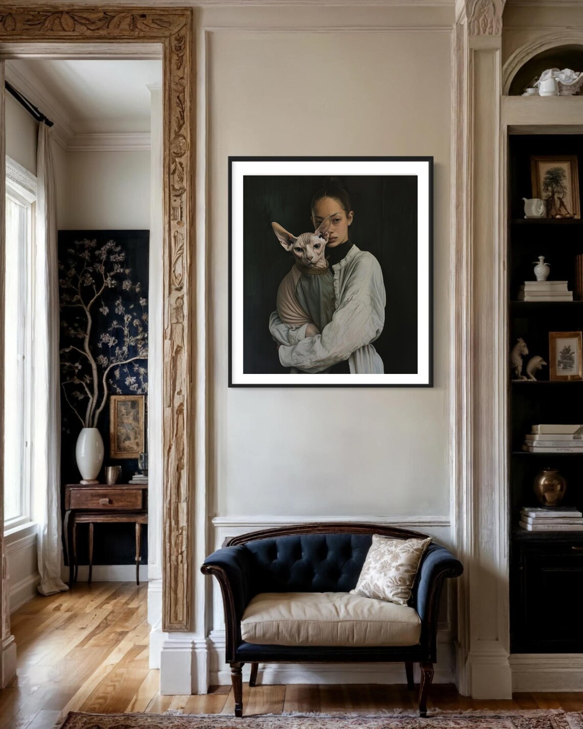 Moody Girl Holding Sphynx Cat Dark Oil Style Fine Art Poster - Image 6