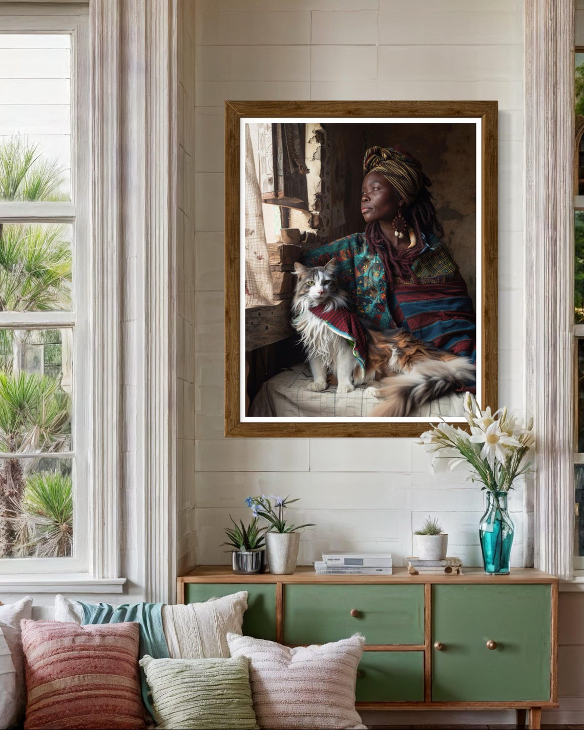 African Woman In Bohemian Shawl With Long Haired Cat Art Poster - Image 5