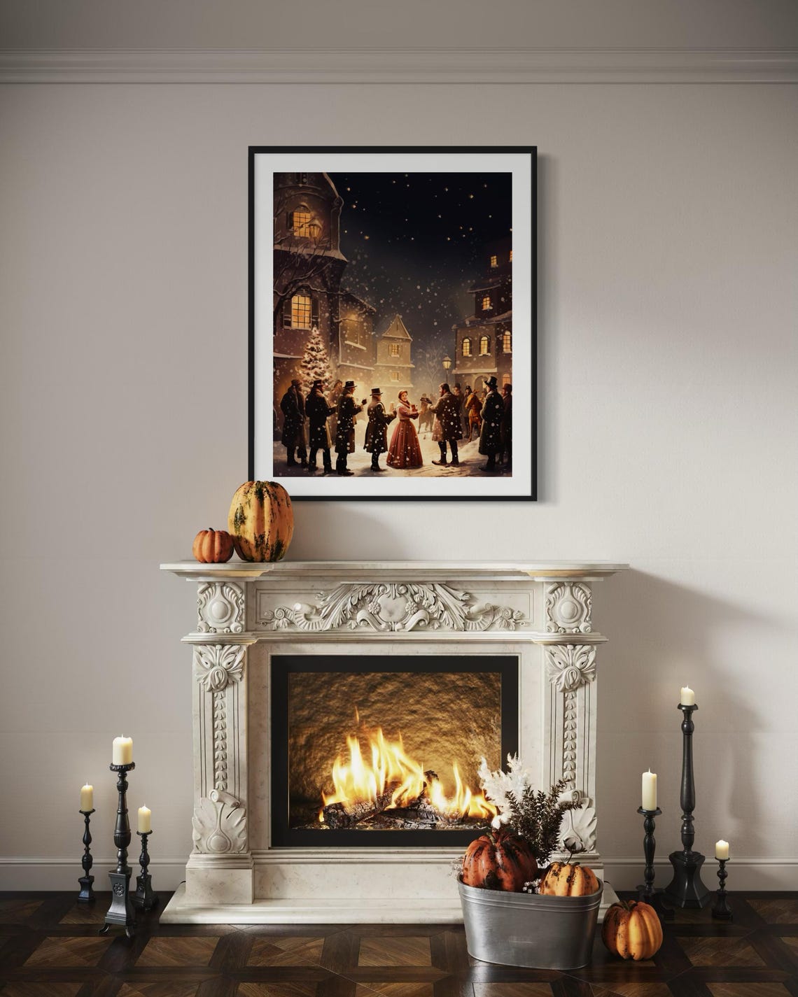 Victorian Christmas Carolers Snowy Village Night Nostalgic Wall Poster - Image 2
