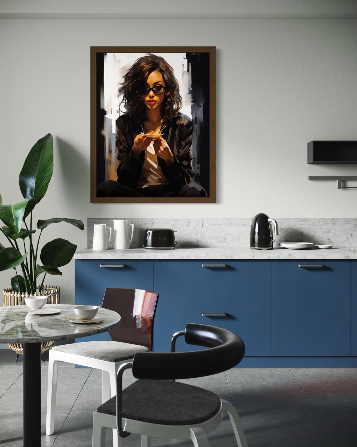 Stylish Woman With Sunglasses Eating Urban Brushstroke Art Poster - Image 3