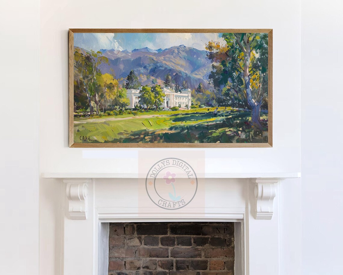 White Mountain Mansion Oil Painting Green Lawn Landscape Poster - Image 7