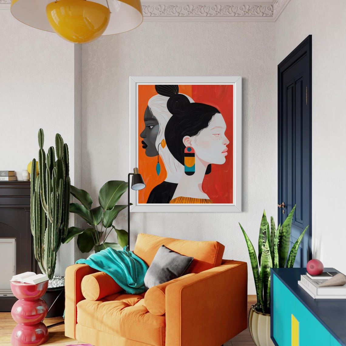 Two Women Profiles Facing Away With Color Earrings Pop Art Poster - Image 6