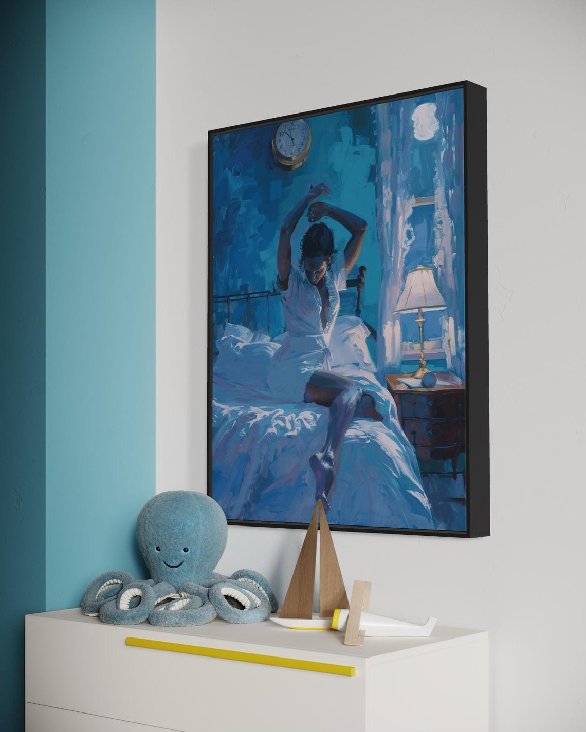 Blue Night Woman Stretching Bed Dreamy Moonlit Bedroom Art Poster - Image 2