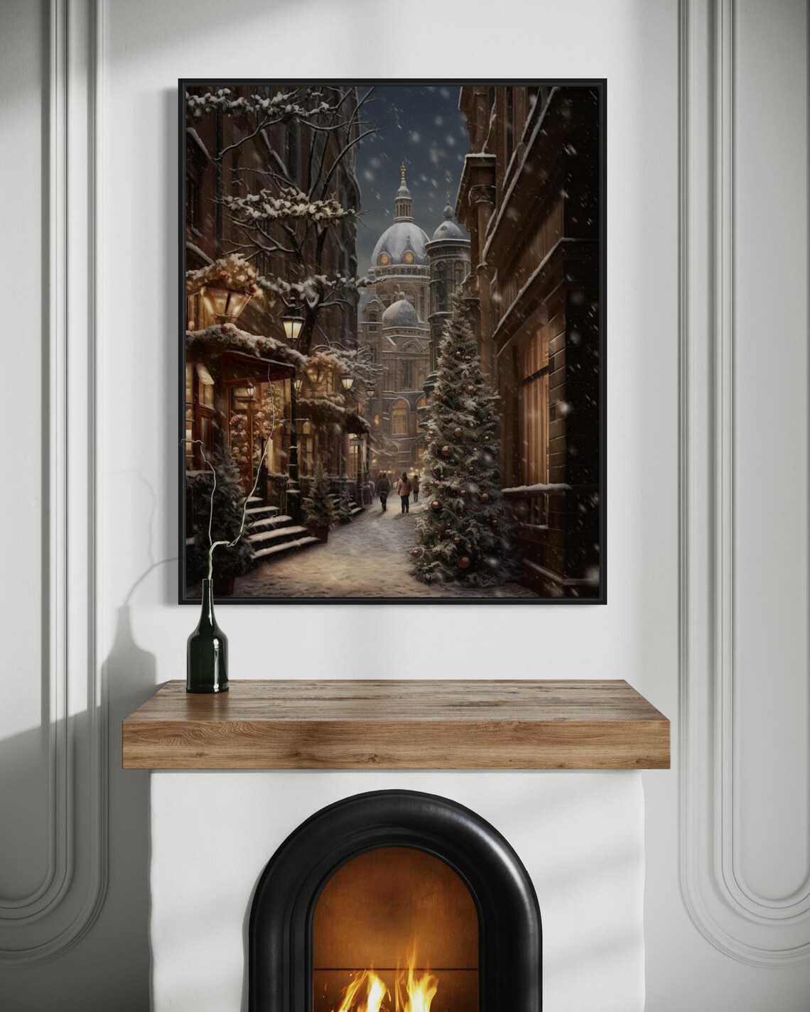 Snowy European Old Town Street Cathedral Christmas Night Scene Poster - Image 7