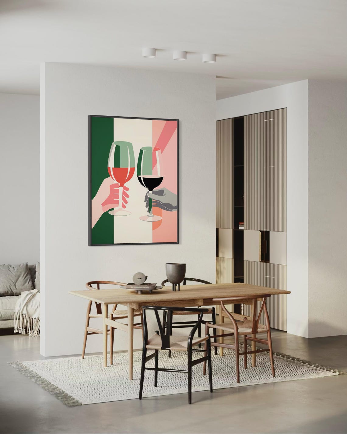 Modern Retro Wine Glass Toast Hands Green Pink Striped Wall Art - Image 5