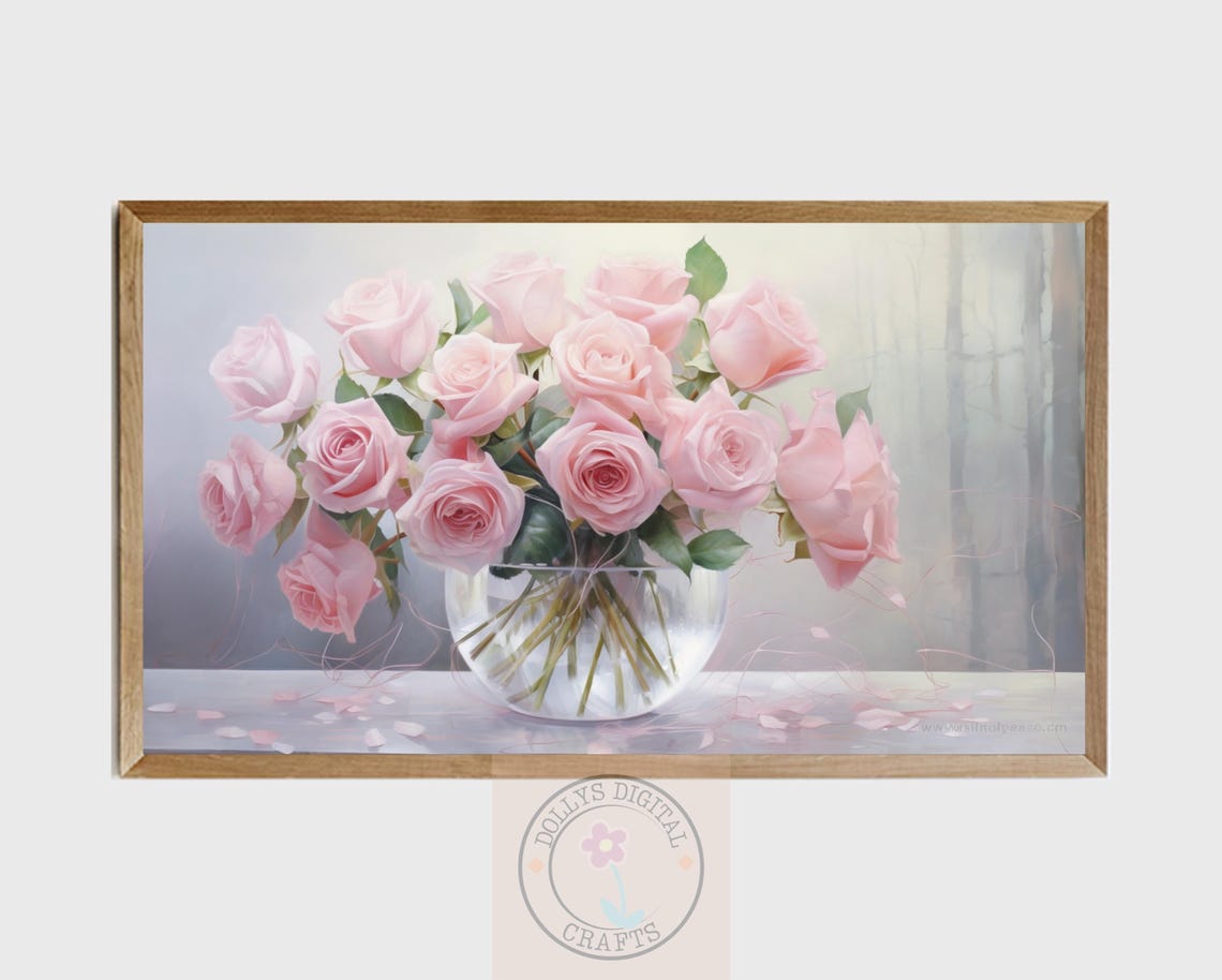 Pink Roses Glass Vase Soft Floral Bouquet Light Airy Poster Home Decor