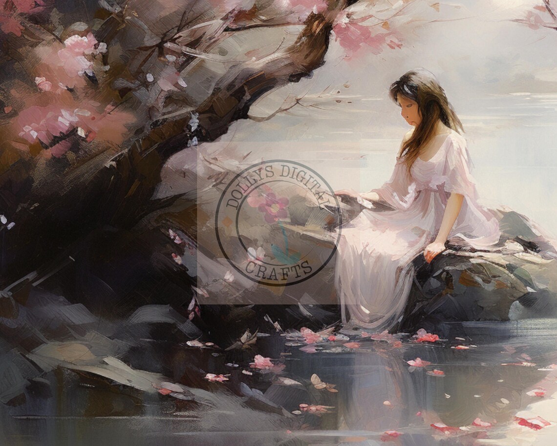 Woman Misty Lake Cherry Blossom Rocks Serene Calm Art Poster - Image 5