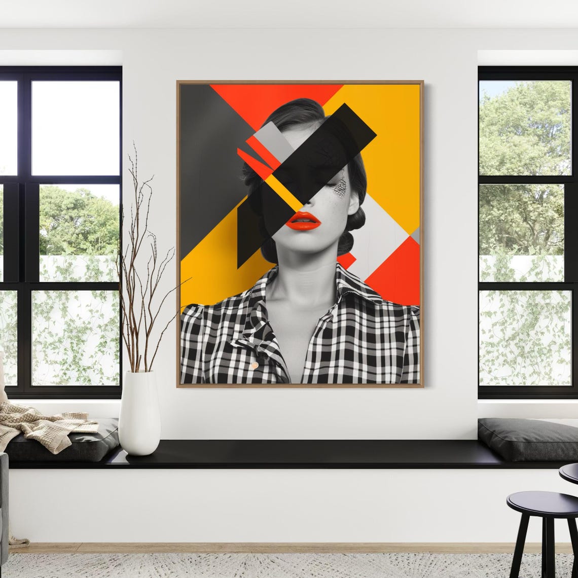 Woman in Checkered Shirt With Bold Geometric Face Shards Art Poster