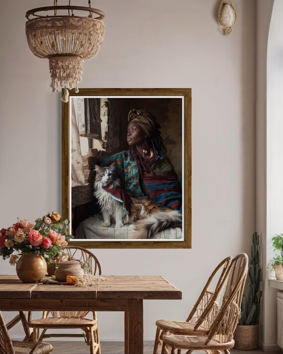 African Woman In Bohemian Shawl With Long Haired Cat Art Poster