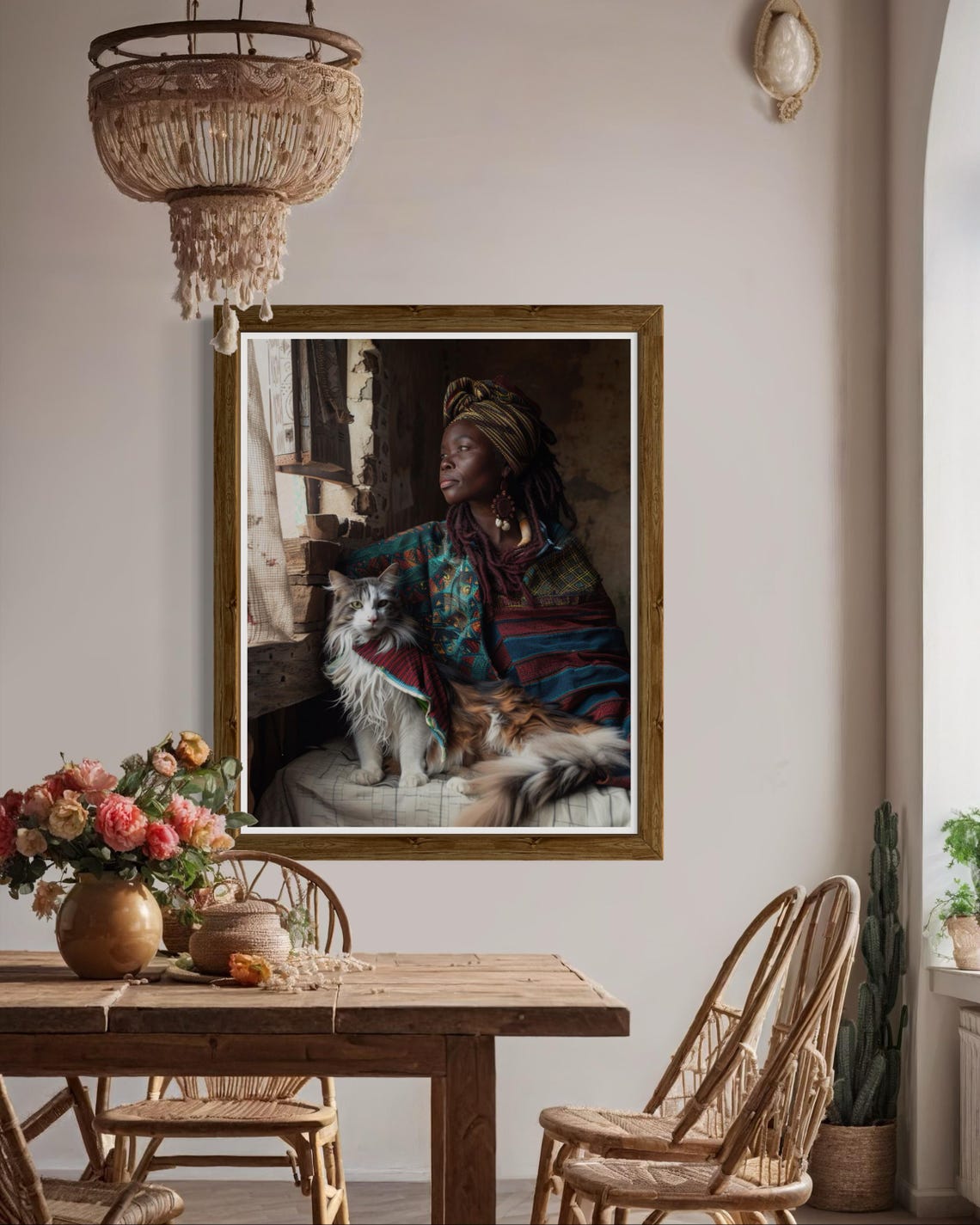 African Woman In Bohemian Shawl With Long Haired Cat Art Poster