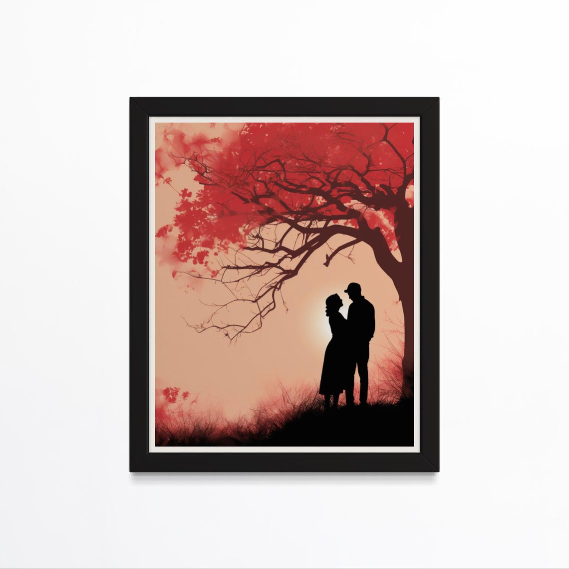 Couple Silhouette Red Tree Sunset Warm Romantic Love Poster Home Decor