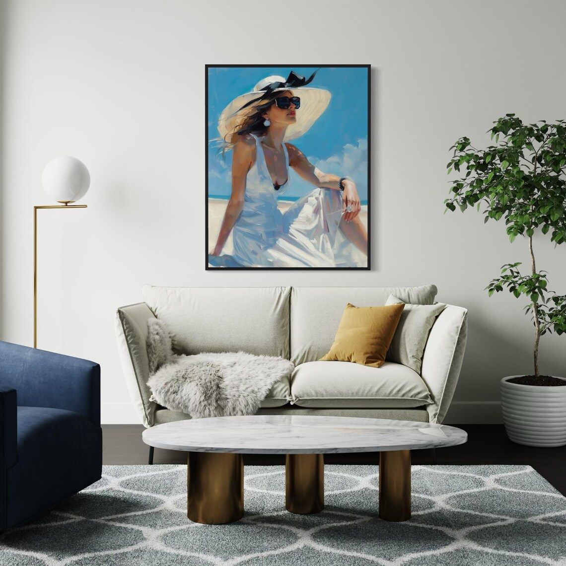 Elegant Woman in White Dress and Straw Hat on Beach Art Poster - Image 5