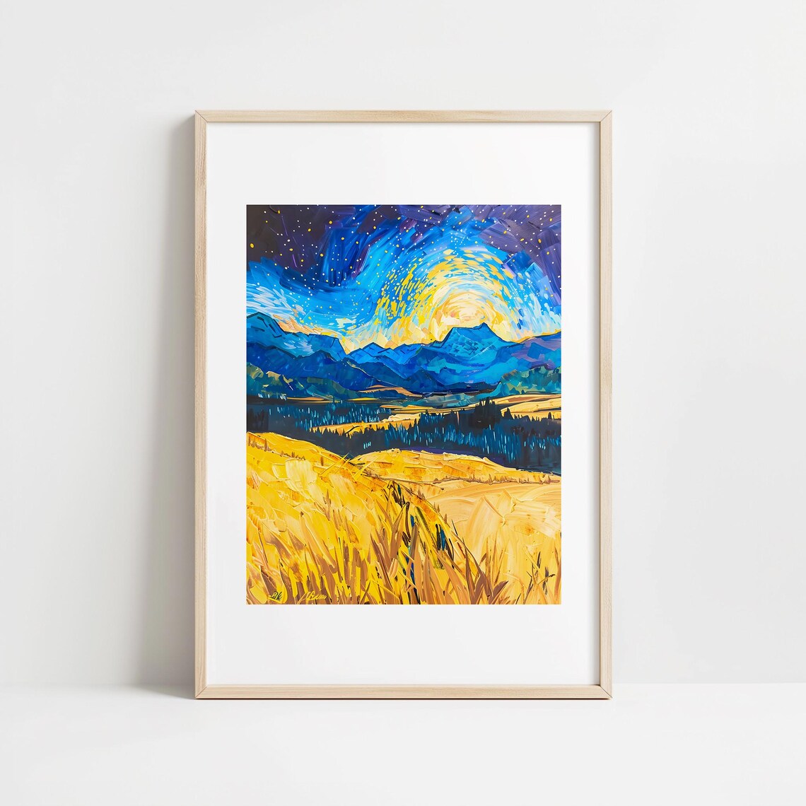 Van Gogh Inspired Starry Swirling Night Sky Over Golden Mountain Art Print
