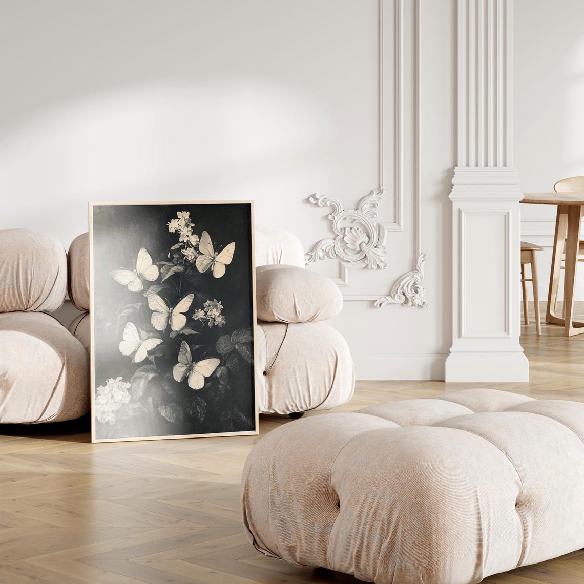 White Butterflies Night Blossom Moody Botanical Artwork Print - Image 3