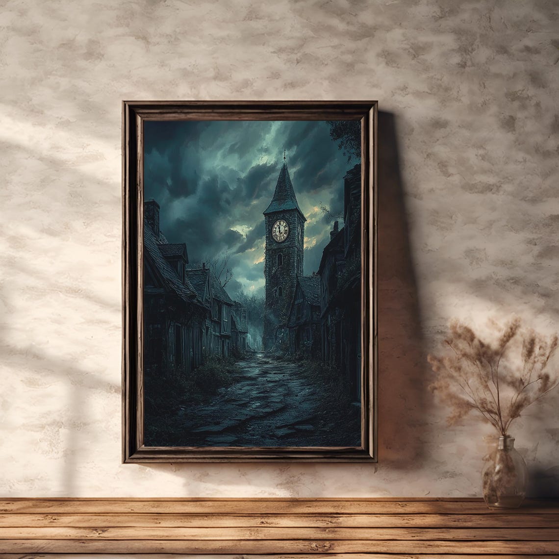 Abandoned Old Town Clock Tower Gothic Night Street Scene Poster - Image 2