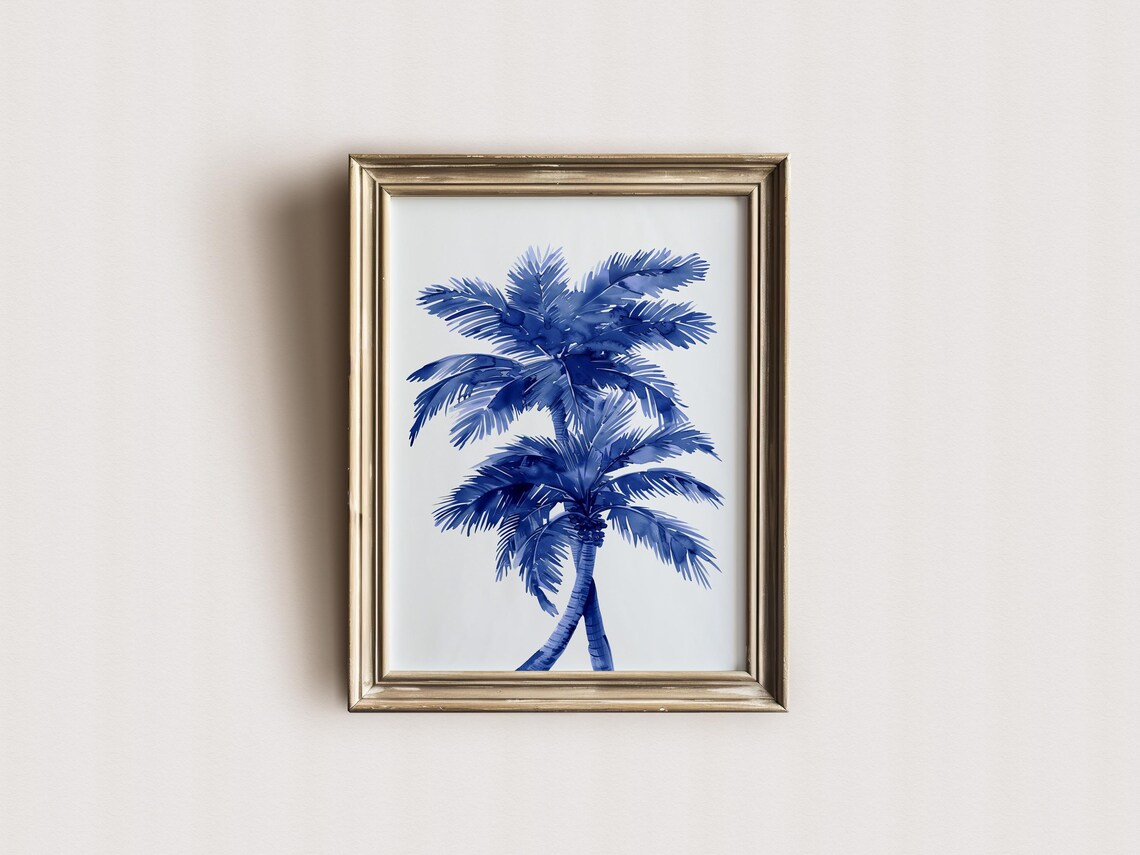 Blue Toile Palm Tree Wall Art Poster Beach Palms Wall Art Decor Blue Beach Wall Poster Minimalist Wall Art - Image 2