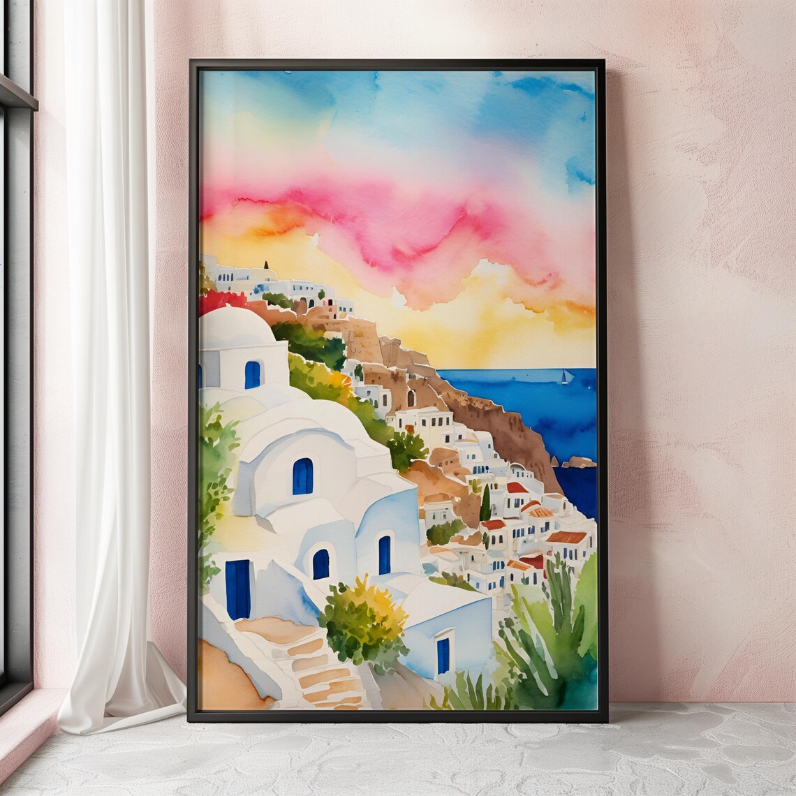 Greek Cliffside White Village Pink Sunset Watercolor Art Print - Image 2