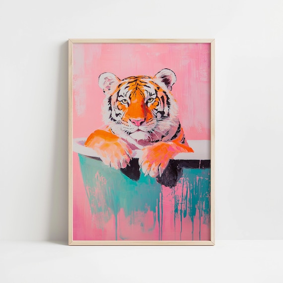 Tiger In Bathtub Whimsical Pink Maximalist Animal Decor Poster
