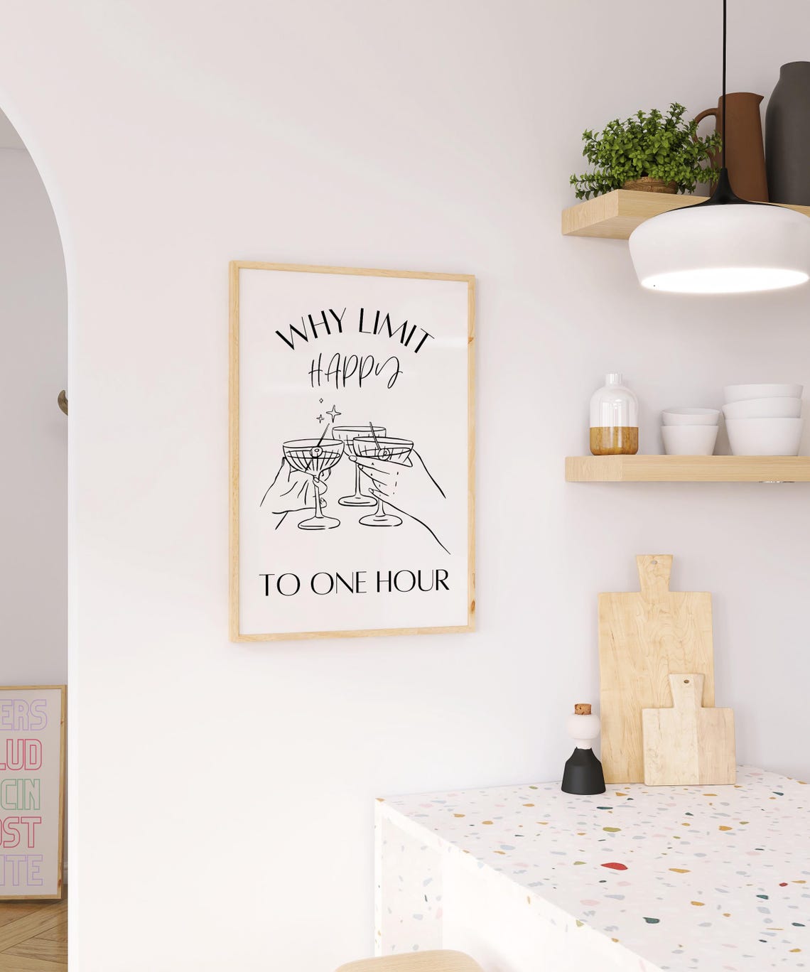 Why Limit Happy To One Hour Black Line Art Cocktail Bar Cart Poster - Image 3