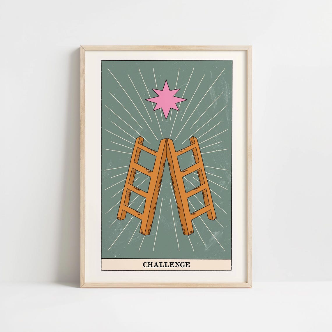 Challenge Tarot Card Art with Wooden Ladders and Pink Star Poster