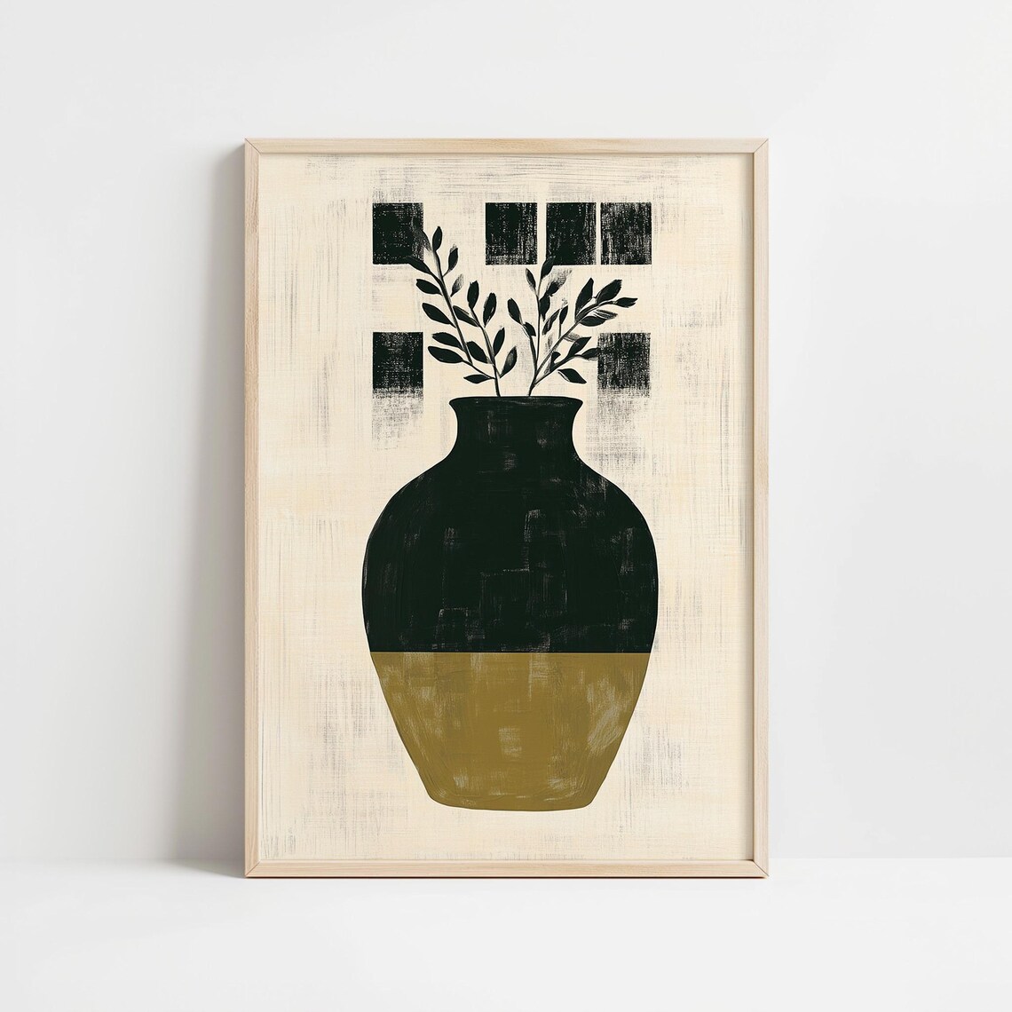 Black and Olive Vase Geometric Foliage Abstract Still Life Poster