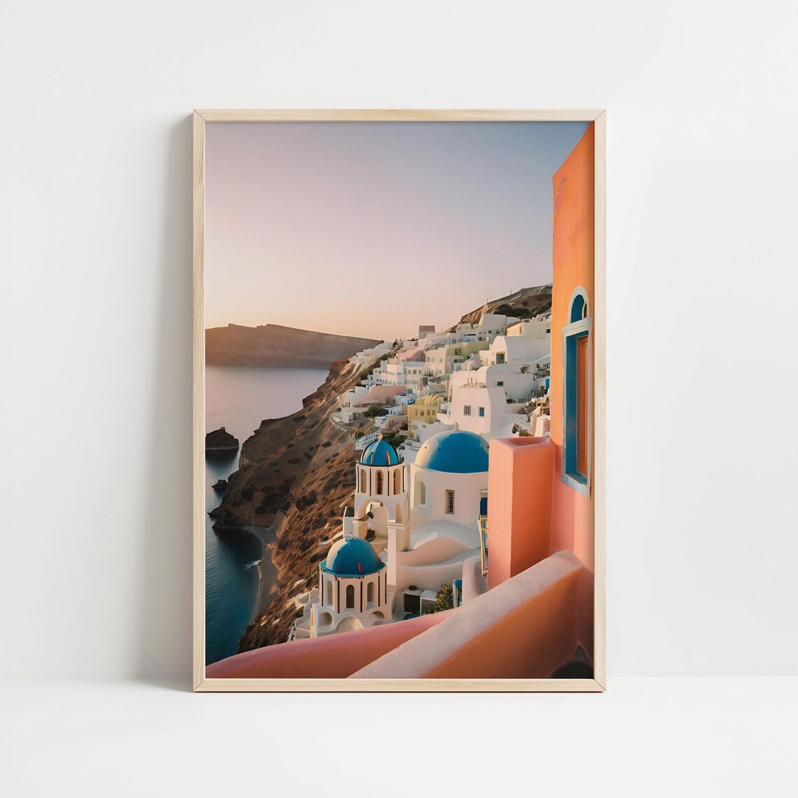 Santorini Blue Domes Peach Facades Golden Hour Greece Wall Art