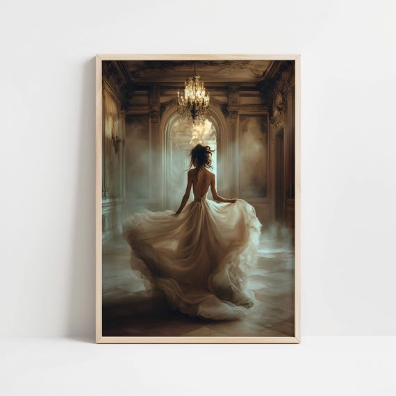 Moody Victorian Ball Painting Mysterious Woman In Grand Ballroom Wall Art Print Vintage Dreamy Aesthetic Wall Decor Flowing Ballgown Art
